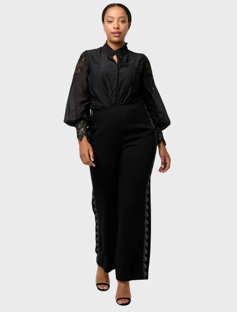 Sevilla Cotton Silk Custom Lace Detail Shirt - Onyx