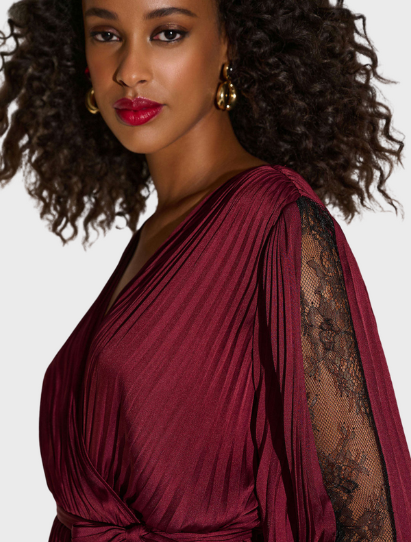 Pleated Satin Fit & Flare Dress - Wine