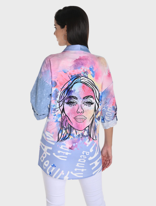 Abstract Print Button Down Blouse - Pink/Blue
