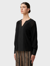 Lucent Crinkle Cotton Silk Contrast Stitch Detail Blouse - Black