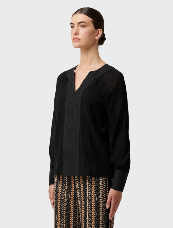 Lucent Crinkle Cotton Silk Contrast Stitch Detail Blouse - Black