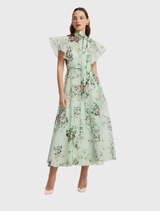 Elsie Flutter Sleeve Midi Dress - Posy Print in Mint