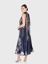 Midi A-line Pleated Dress - Navy /Grey