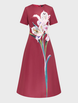 Caroline Short Sleeve Midi Dress - Lily Print in Burgundy