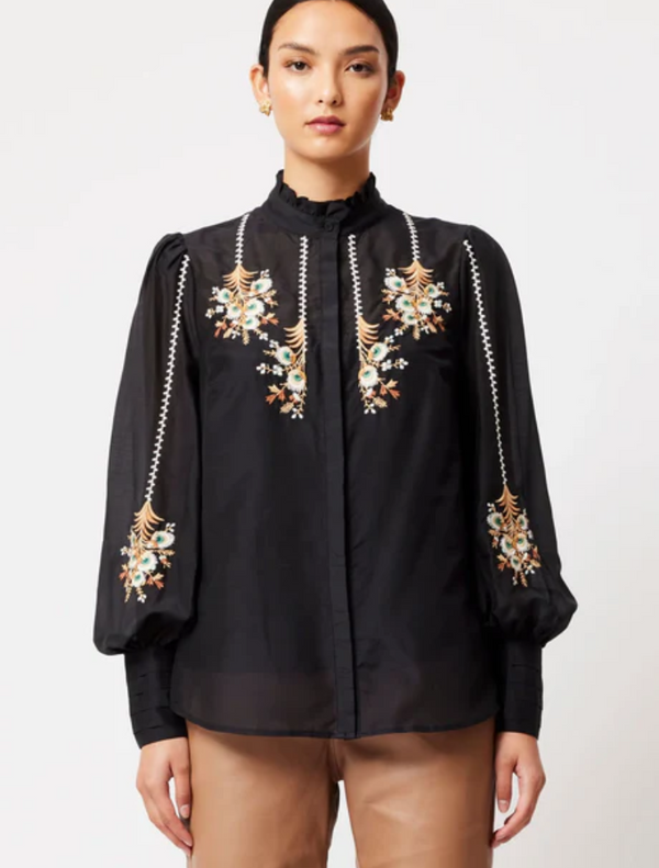 Florence Cotton Silk Gathered Collar Embriodered button Shirt | Black