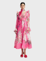 Katrina Butterfly Sleeve Midi Dress - Peony Print in Fuchsia