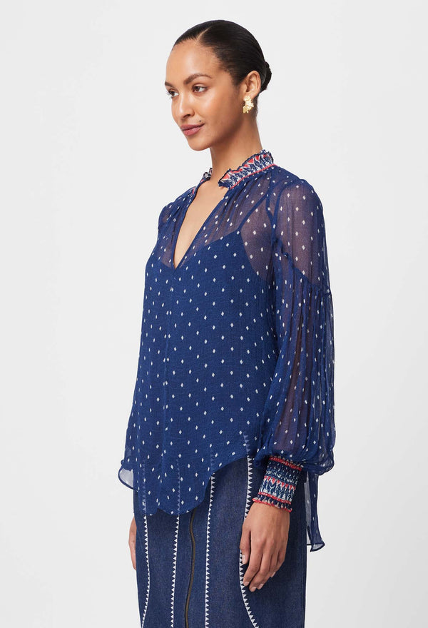 Pheonix Contrast Shirred Collar & Cuffs Viscose Chiffon Blouse - Lapis Spot