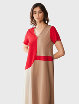 Colour Block Dress - Red/Taupe