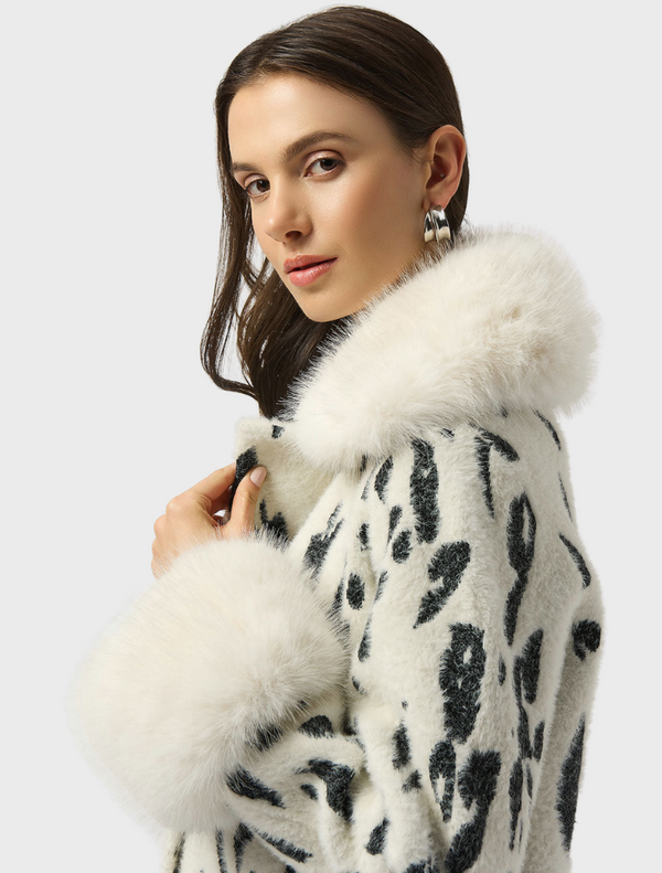 Feather Yarn Animal Faux Fur Trim Coat - White