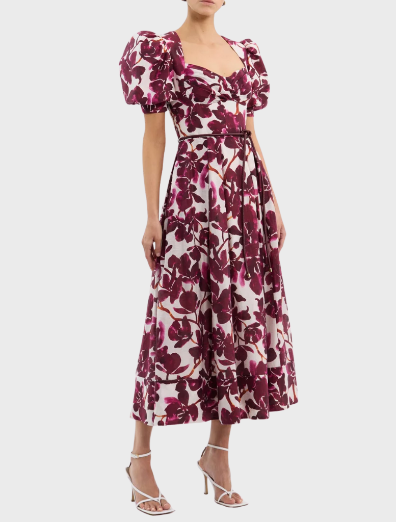 Nerissa SS Midi Dress - Red Orchid Vines Print