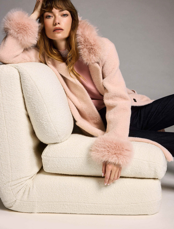 Feather Yarn Faux Fur Cuff Coat - Pink