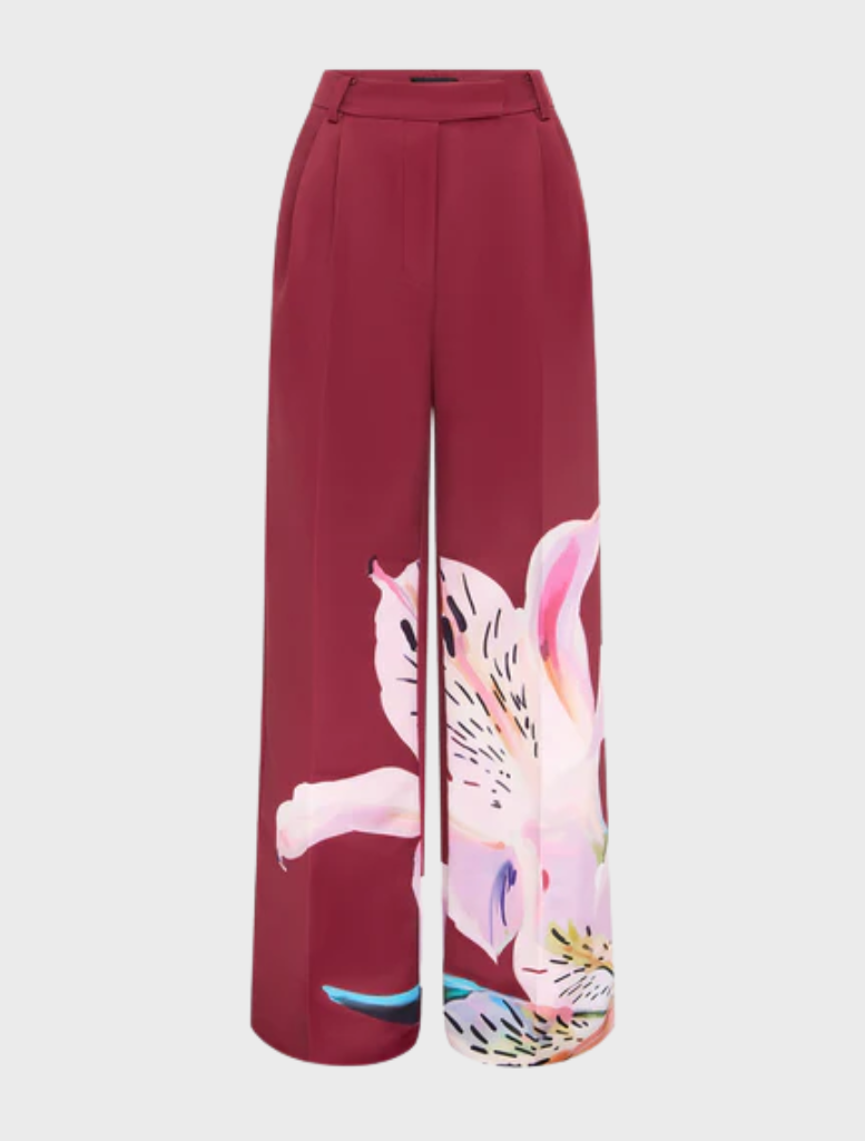 Elisha Wide Leg Pants - Lily Print in Burgundy
