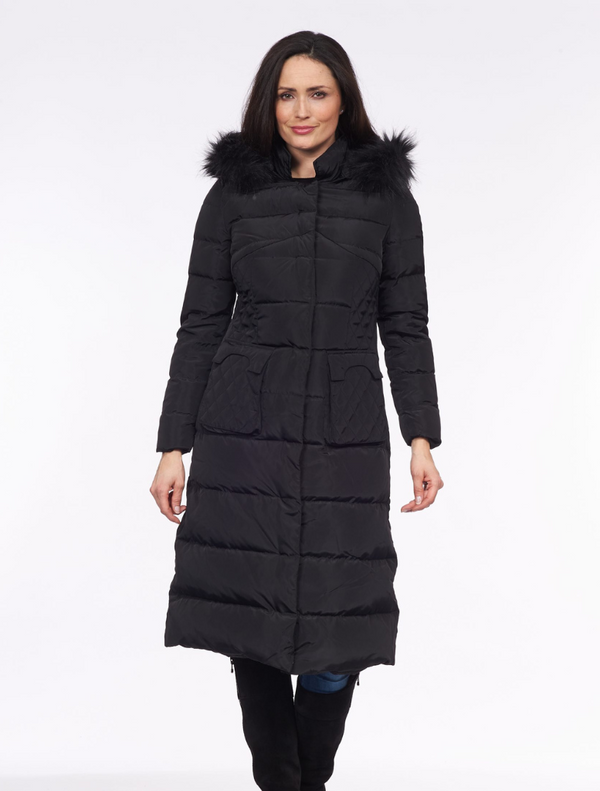 Fur Trim Long Line Coat - Black