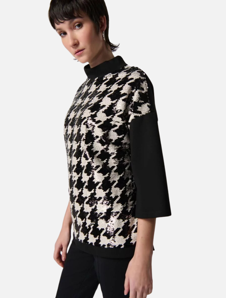 Houndstooth Sequin Boxy Top   - Black/Vanilla