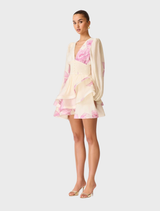 Rova Long Sleeve Mini Dress - Cream & Pink Floral