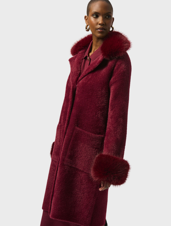 Feather Yarn Faux Fur Cuff Coat - Wine