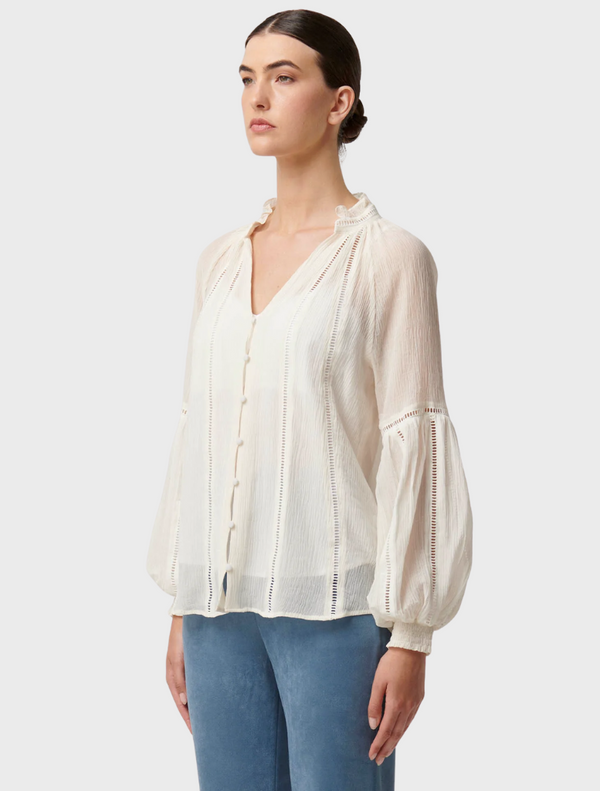 Kinsley Crinkle Cotton Silk Lace Blouse - Milk