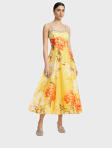 Mariela Embellished Midi Dress - Peony Print in Yellow