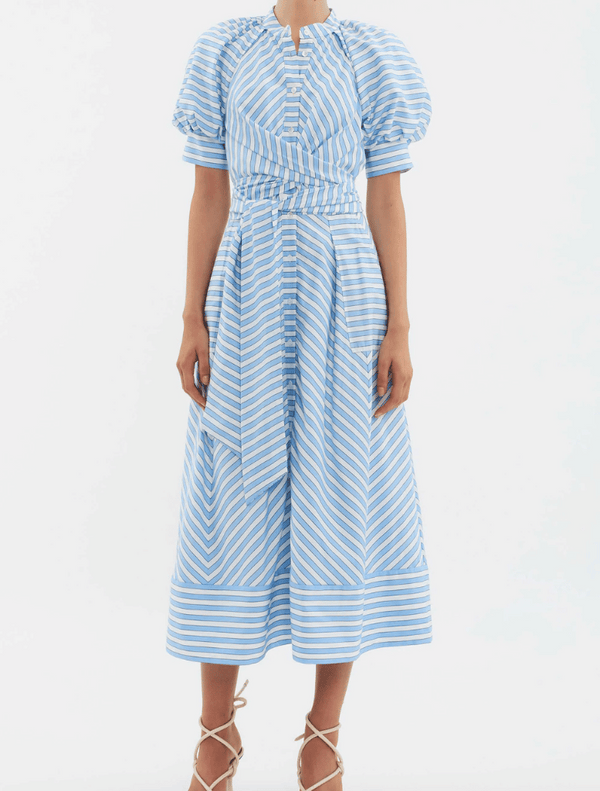 Ava Puff  Sleeve  Midi Dress/ Blue stripe