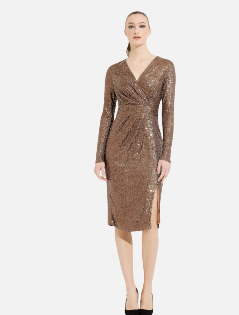 Shimmer Wrap Front Dress - Cinnamon