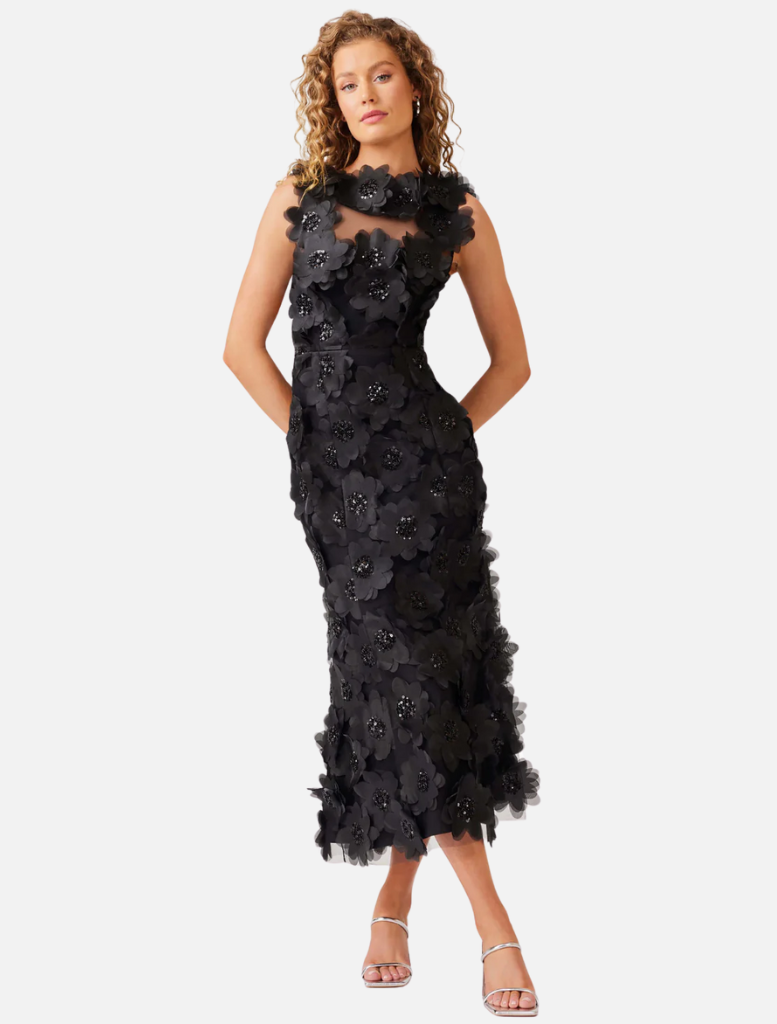 Cherry Blossom Midi Dress - Black
