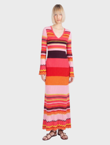 Long Ribbed Dress, Stripe Pattern - Pink