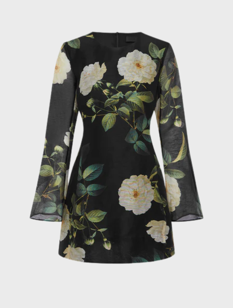 Suzanne Bell Sleeve Mini Dress - White Rose Print