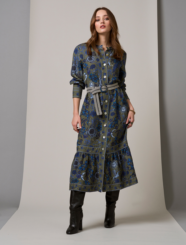 Greenwich Midi Dress - Olive Multi