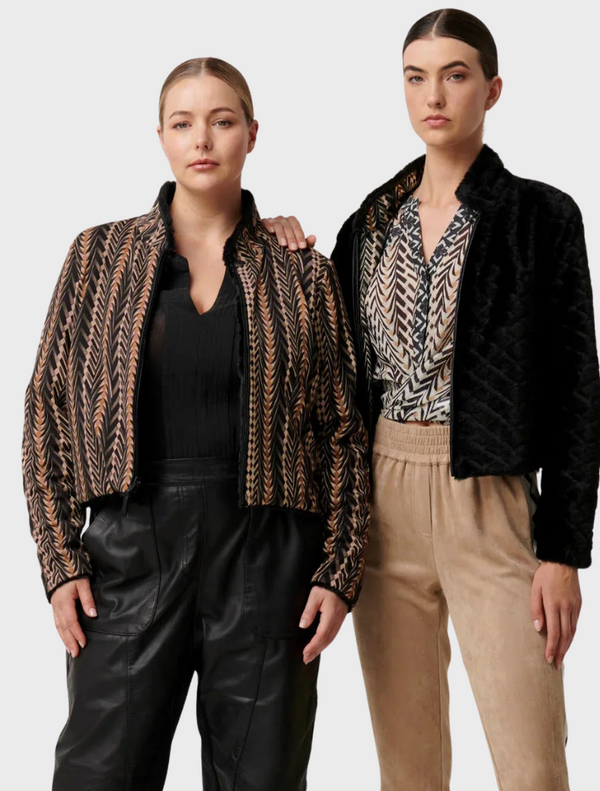 Rylie Reversible Placement Print Ponte & Faux Fur Jacket - Black Bromegrass