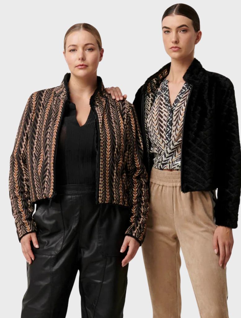 Rylie Reversible Placement Print Ponte & Faux Fur Jacket - Black Bromegrass