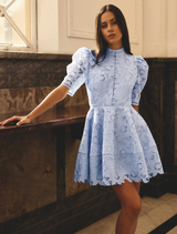 Lacy Puff Sleeve Mini Dress - Powder Blue