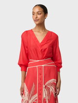 Calissa Cotton Silk V-Neck Blouse - Crimson