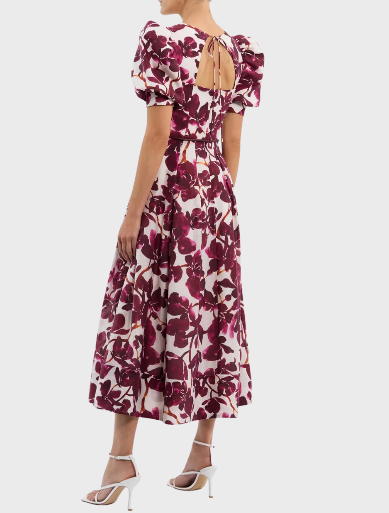 Nerissa SS Midi Dress - Red Orchid Vines Print