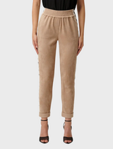 Everley Faux Suede Contrast Embroidered Panel Elasticated Jogger - Wheat