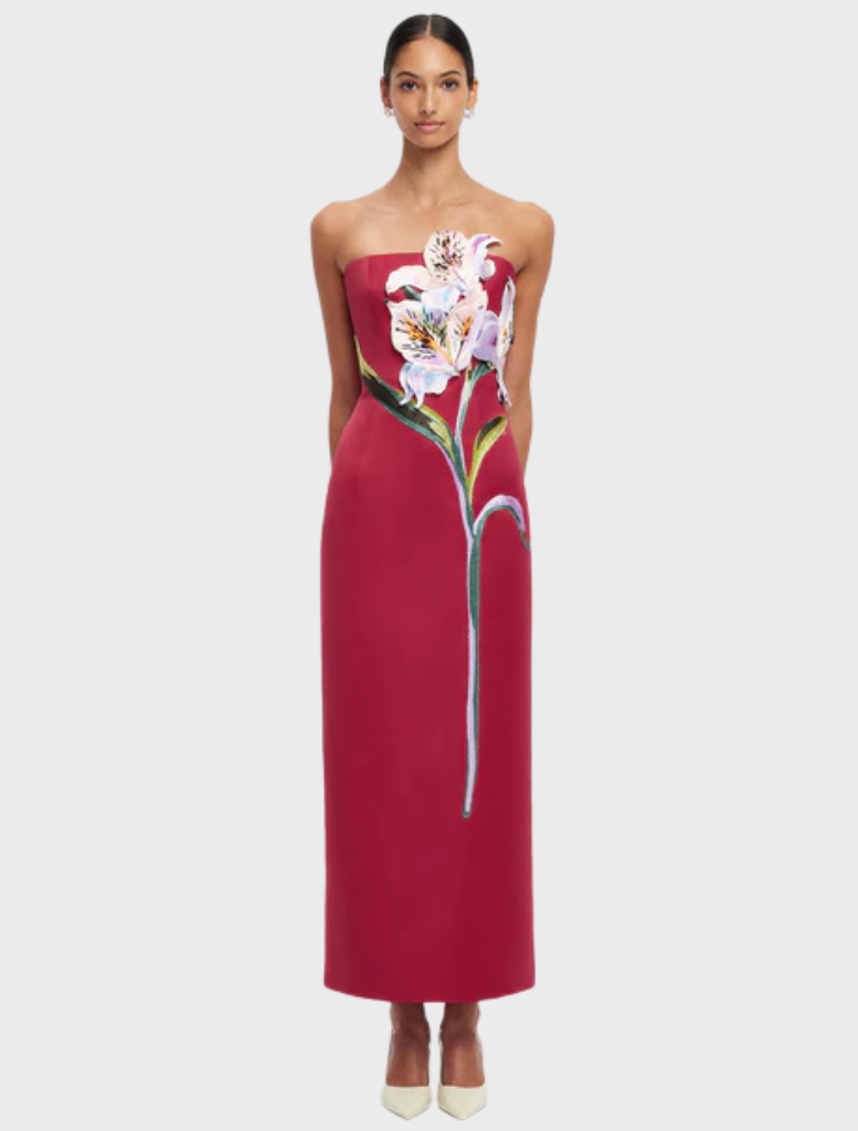Rayna Appliqué Floral Maxi Dress - Lily Print in Oxblood