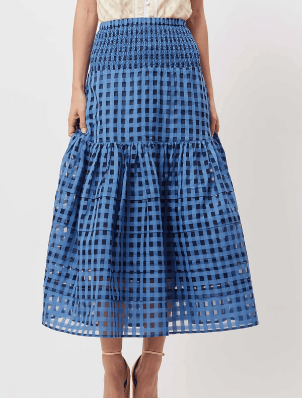 Antigua Cotton Silk Self Check Shirred Waist Pleat Detail Maxi Skirt - Laguna
