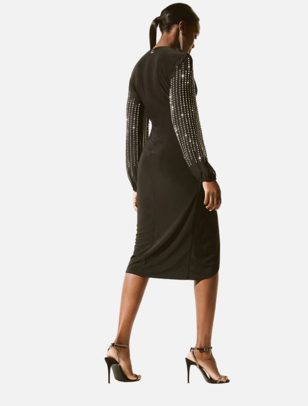 Jewelled Wrap Pencil Dress - Black