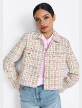 Short Bouclé Blazer with Gold-Colored Buttons - Pearl White