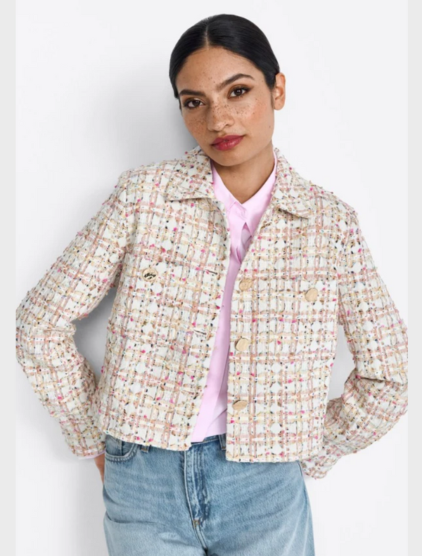 Short Bouclé Blazer with Gold-Colored Buttons - Pearl White