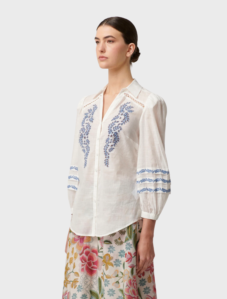 Fleurine Embroidered Cotton Slub Shirt - Milk