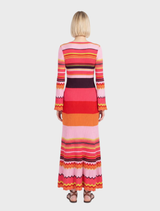Long Ribbed Dress, Stripe Pattern - Pink