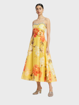 Mariela Embellished Midi Dress - Peony Print in Yellow