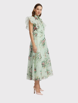 Elsie Flutter Sleeve Midi Dress - Posy Print in Mint
