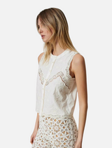 Sleeveless Top with Floral Embroideries - White