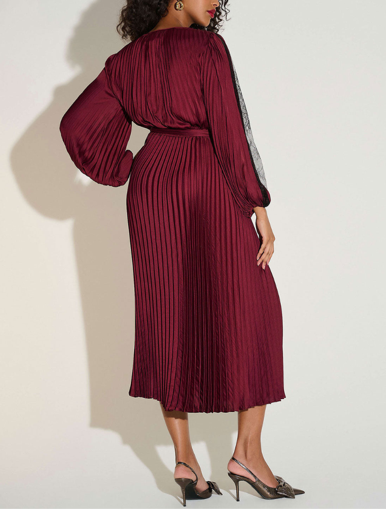Pleated Satin Fit & Flare Dress - Wine