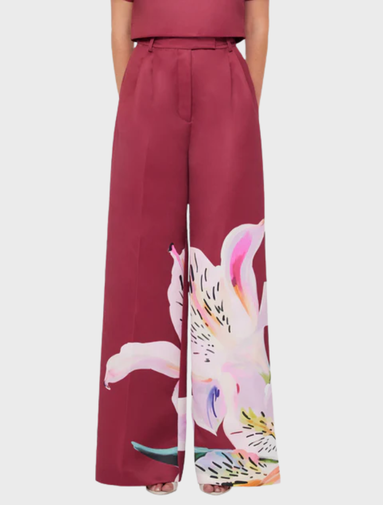 Elisha Wide Leg Pants - Lily Print in Burgundy