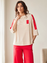 Contrast Sleeve Top - Sand/Red