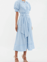 Ava Puff  Sleeve  Midi Dress/ Blue stripe