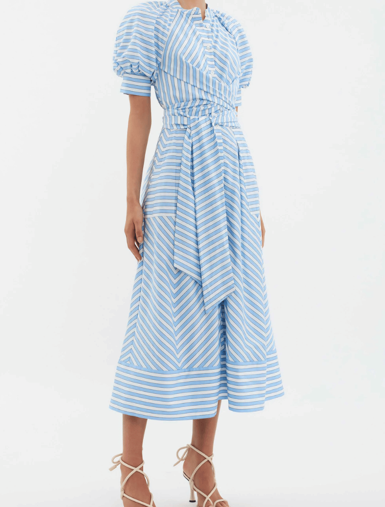 Ava Puff  Sleeve  Midi Dress/ Blue stripe