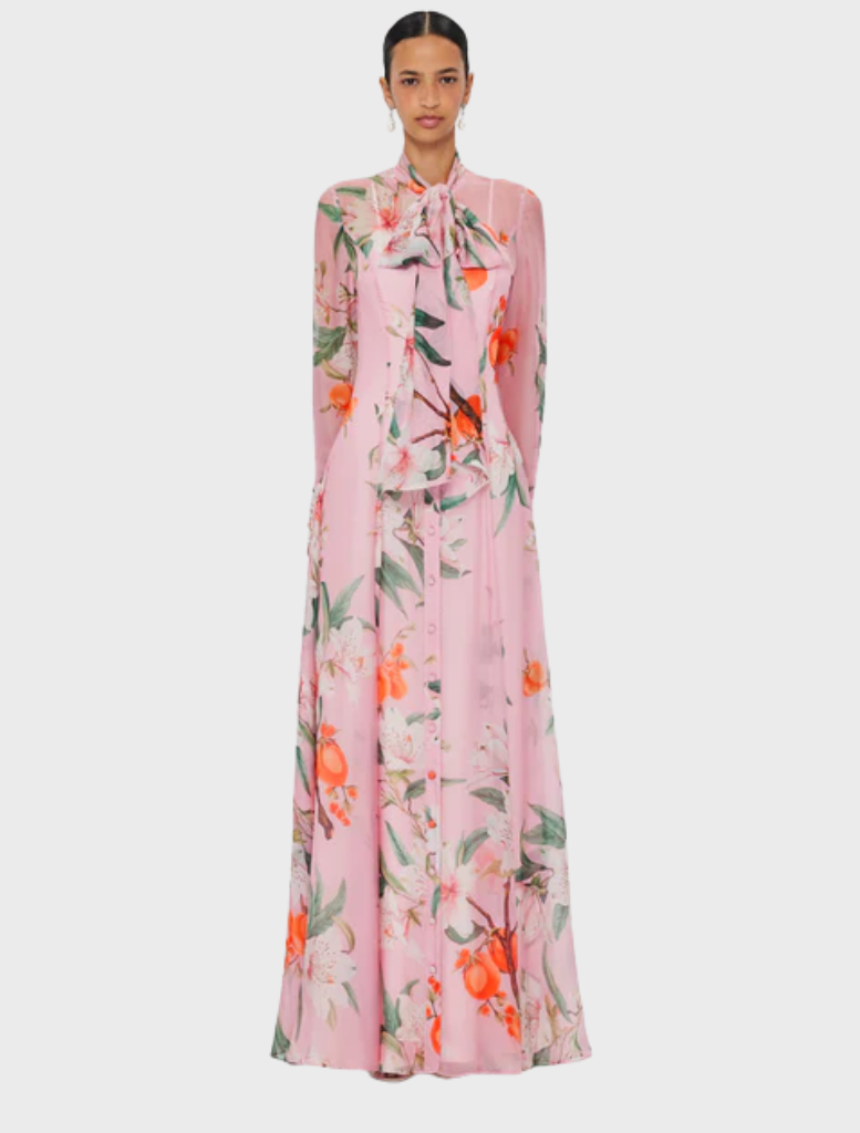 Lilith Tie Neck Maxi Dress - Lavish Print in Pink